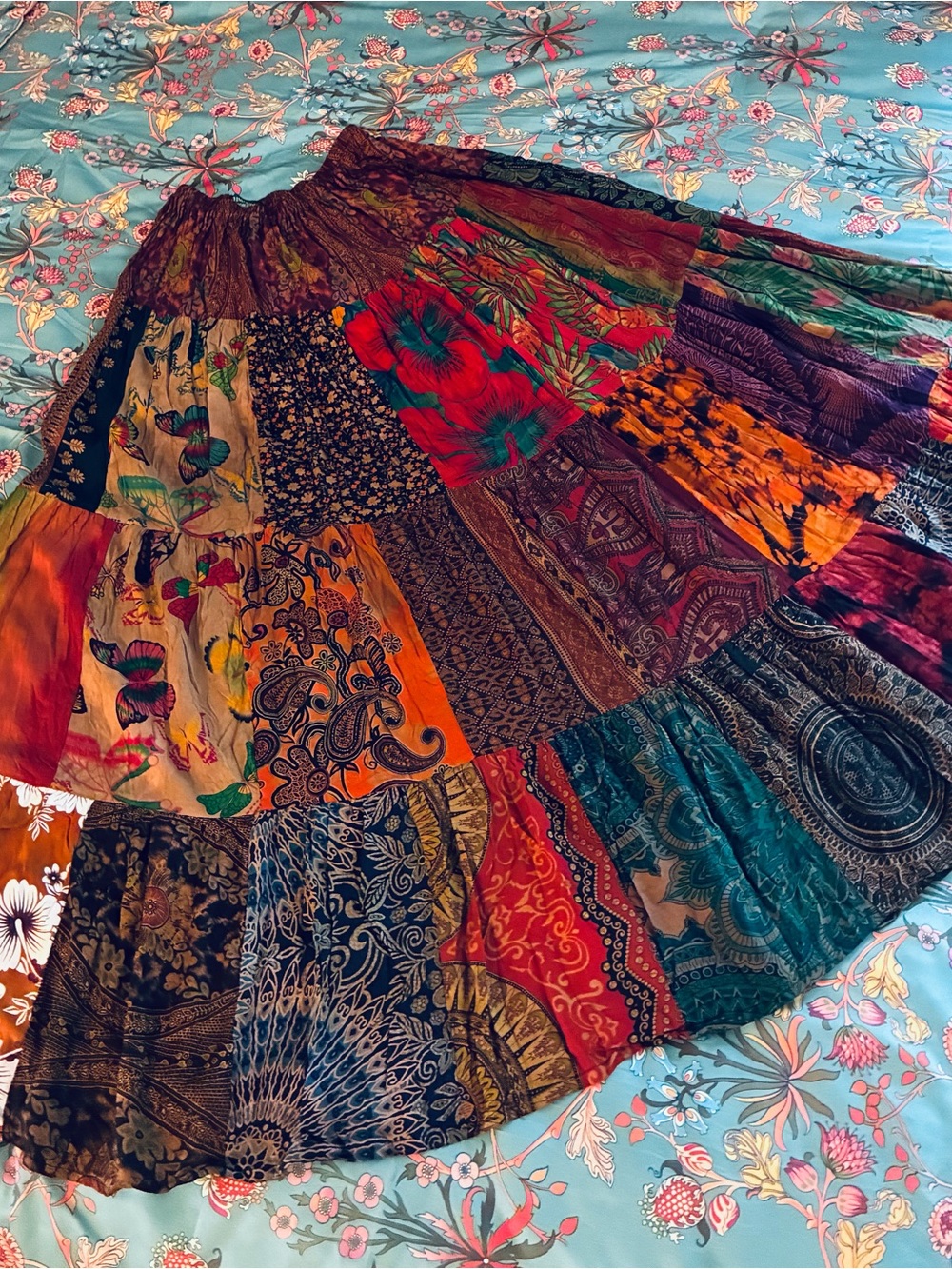Boho Multicolor Patchwork Maxi Skirt with Elastic Waist